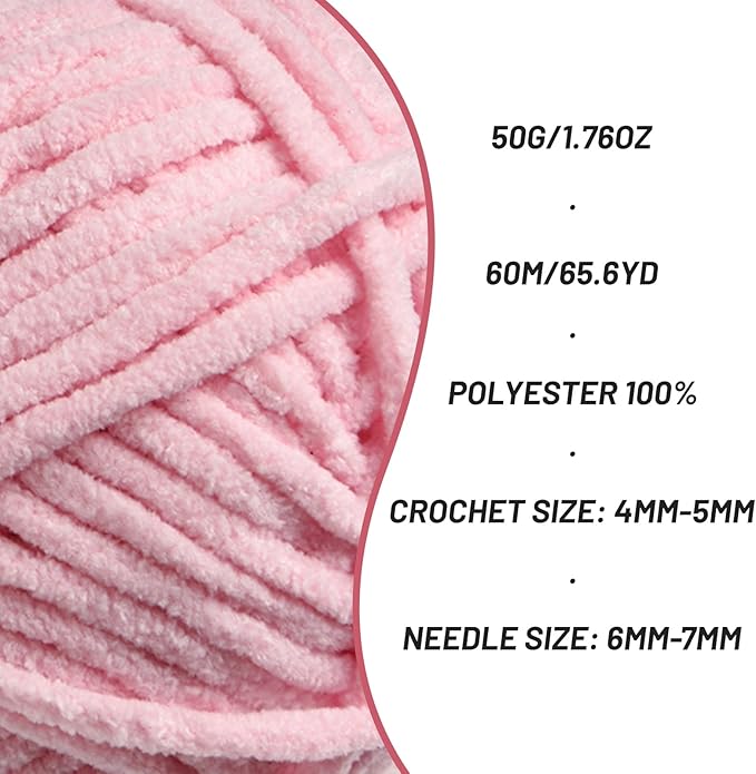 Plush Chenille Chunky Crochet Yarn - Baby Yarn for Crocheting Soft - Velvet Yarns Knitting for Blankets Crafts - Fluffy Amigurumi Yarns 50g / 65.6yd (Pink)