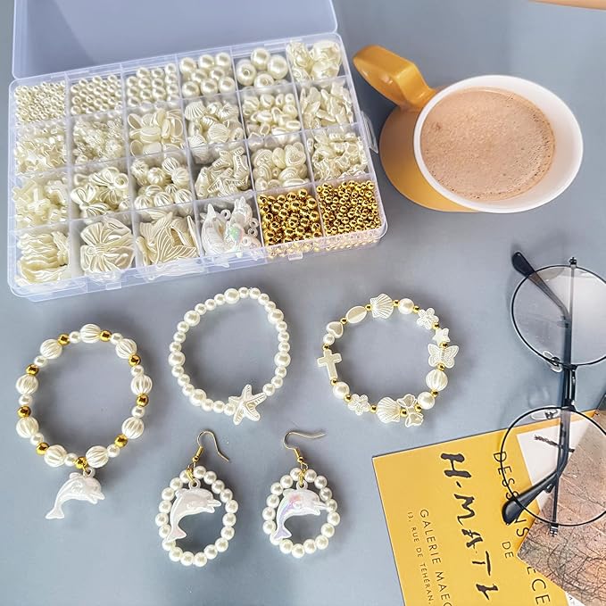 990Pcs ABS Imitation Pearl Beads for Jewelry Making, Assorted Heart Star Bow Flower Seashell Starfish Aesthetic Cute Bead for Bracelet Necklaces Earrings DIY Crafts Phone Charm Keychain