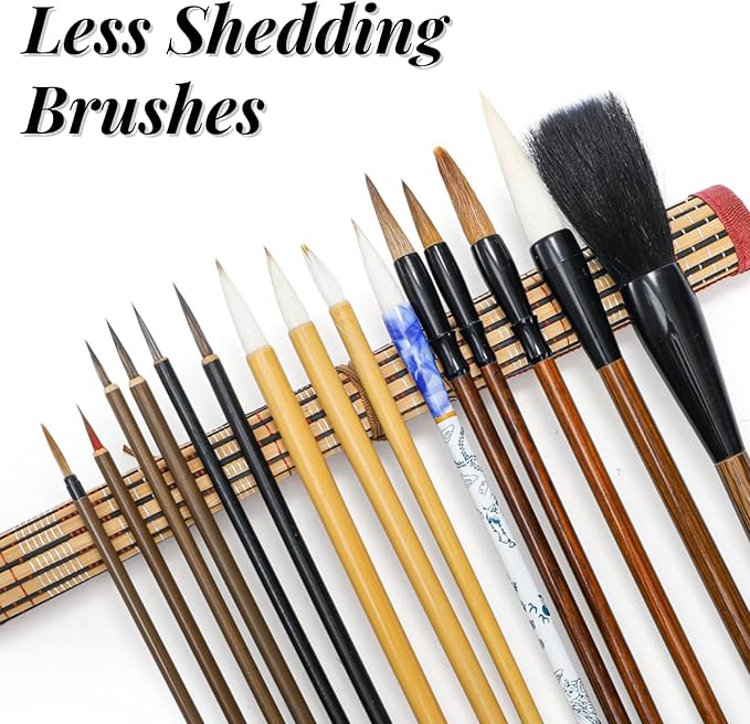 16 Pieces Chinese Calligraphy Brush Set, Sumi Brushes with Roll-up Bamboo Holder, Sturdy Japanese Watercolor Painting Writing Brushes, Kanji Art Drawing Brushes for Beginners