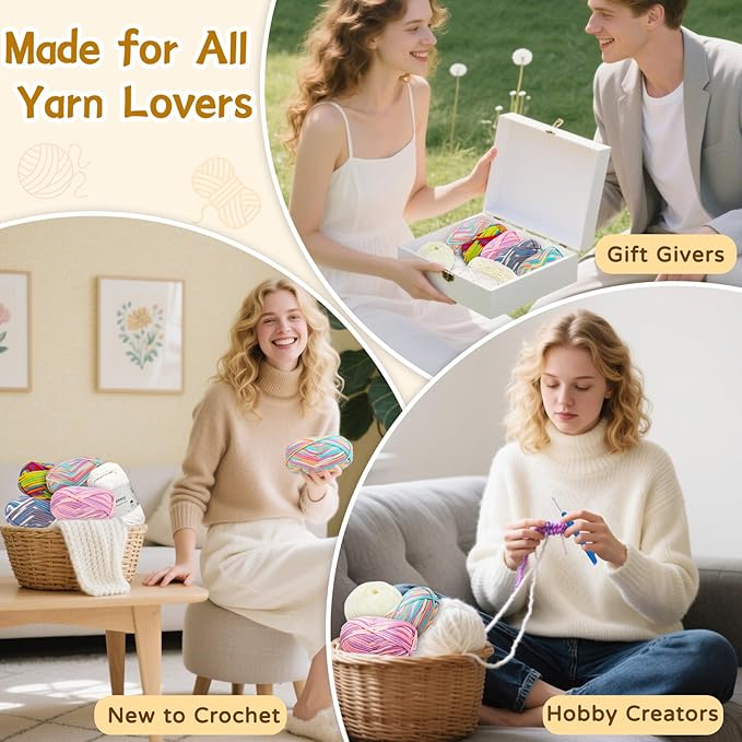 Reessy Crochet Yarn Kit for Beginners – 4 Yarns Sampler Pack (Acrylic, Cotton, Velvet Chenille, Beginner Yarn) with Hooks & Accessories – All-in-One Crochet Starter Kit for Beginners Adults (A)