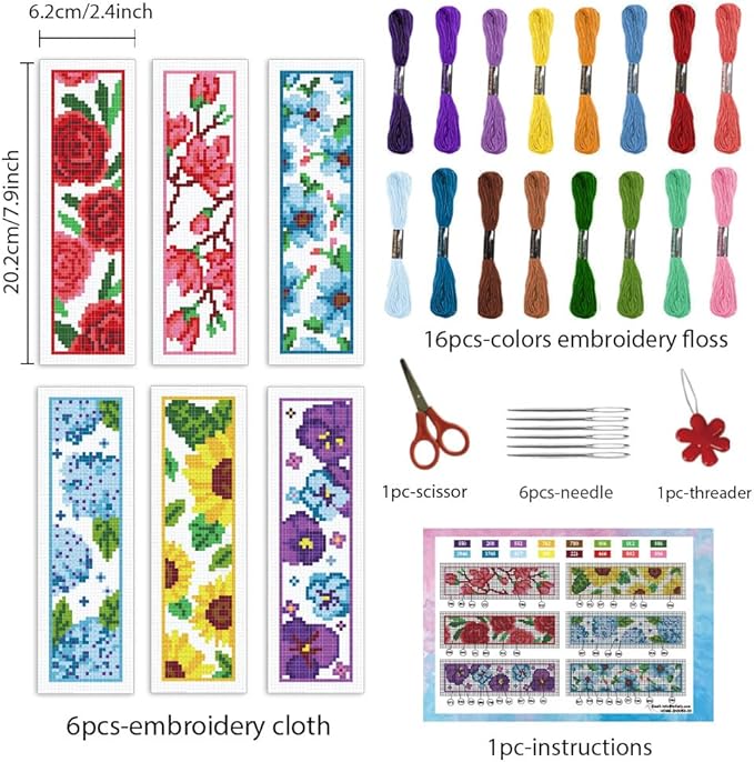INFUNLY 6pcs Red Rose Cross Stitch Bookmark Kits DIY Sunflower Peach Blossom Embroidery Bookmark Kits for Beginners with Instruction Blue Flower Bookmark Making Kit for Book Lovers Readers Women Gifts