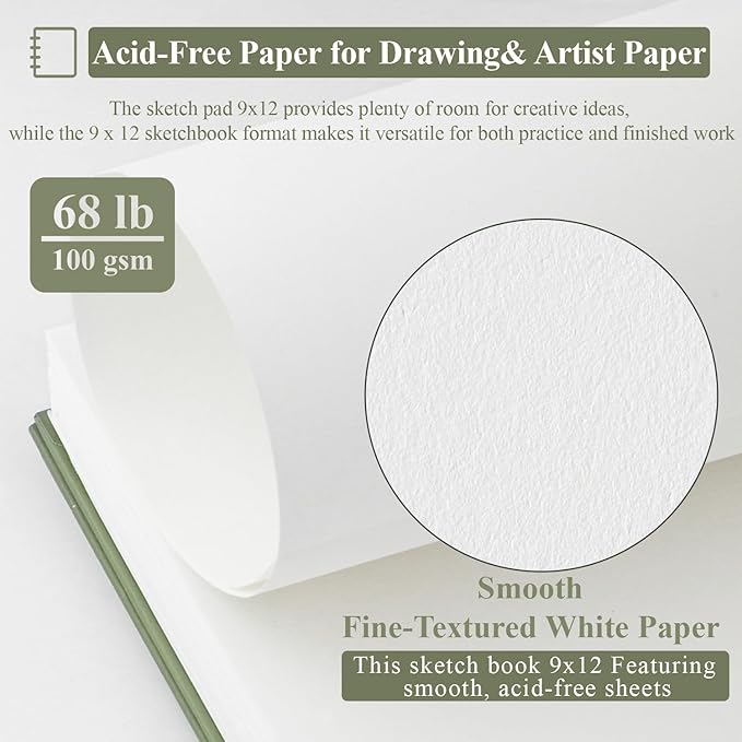 sketch book 9x12 inch, pack of 2 (total 200 sheets) spiral bound sketchbook, 68 lb/100gsm artist sketch pad, 100 sheets each, sturdy acid free drawing paper, suitable for adults & teens