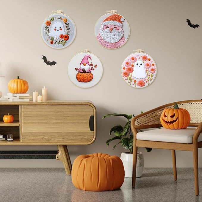 LB Christmas Thanksgiving Embroidery Kit for Adults & Beginners - 4 Piece Halloween DIY Cross Stitch Starter Kit with Ghost, Pumpkin, Floral Designs (Pink/Orange), Hoop, Threads, Needles