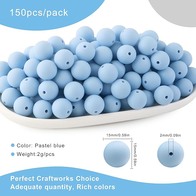 150Pcs 15mm Silicone Beads for Keychain Making Bracelet Necklace, Bulk Round Silicone Beads for Pens（Pastel Blue）