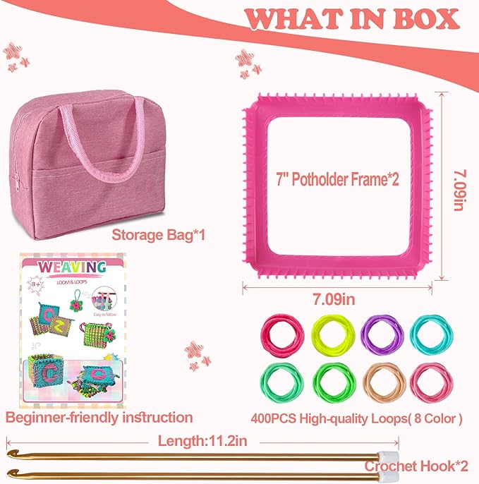 weaving loom kit-includes 2 pcs 7" potholder frame,400 pcs weaving loom loops,2 long crochet hooks and bag-potholder loom knitting kits and gifts for beginners, make 11 masterpieces