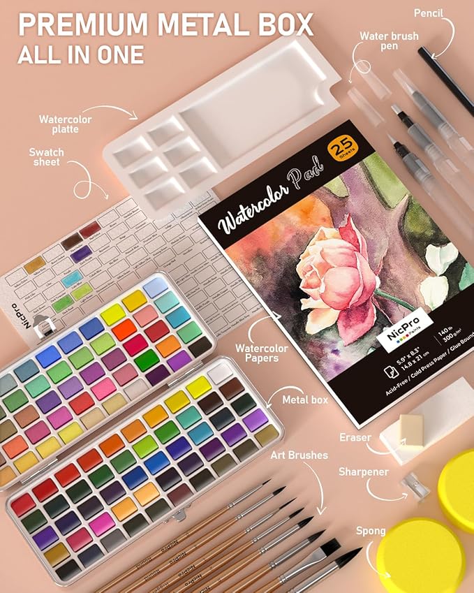 nicpro 100 colors watercolor paint set include metallic macaron & fluorescent, 8 synthetic squirrel painting brushes, 25 water color paper, palette, art supplies kit for artist adult beginner with gift box