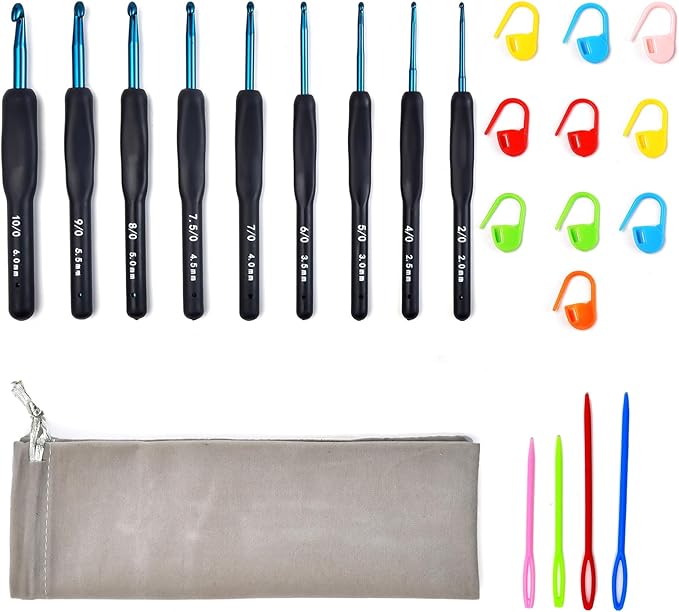 9 Sizes Crochet Hook Set,2mm-6mm Aluminum Crochet Kit for Beginners,Yarn Ergonomic Crochet Needles with Soft Grips for Arthritic Hands,Crochet Set with Small Tools,Ideal Crocheting Supplies,Dark Blue