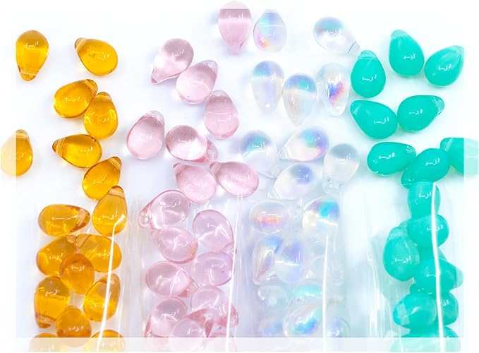Teardrop Glass Beads for Jewelry Making Set - 120+ Bead Kit of 6x9mm Pendant Drop Beads in 4 Gentle Distinct Colors: Pink, Opal Turquoise, Amber, Crystal AB