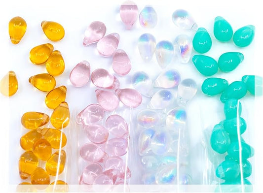 Teardrop Glass Beads for Jewelry Making Set - 120+ Bead Kit of 6x9mm Pendant Drop Beads in 4 Gentle Distinct Colors: Pink, Opal Turquoise, Amber, Crystal AB