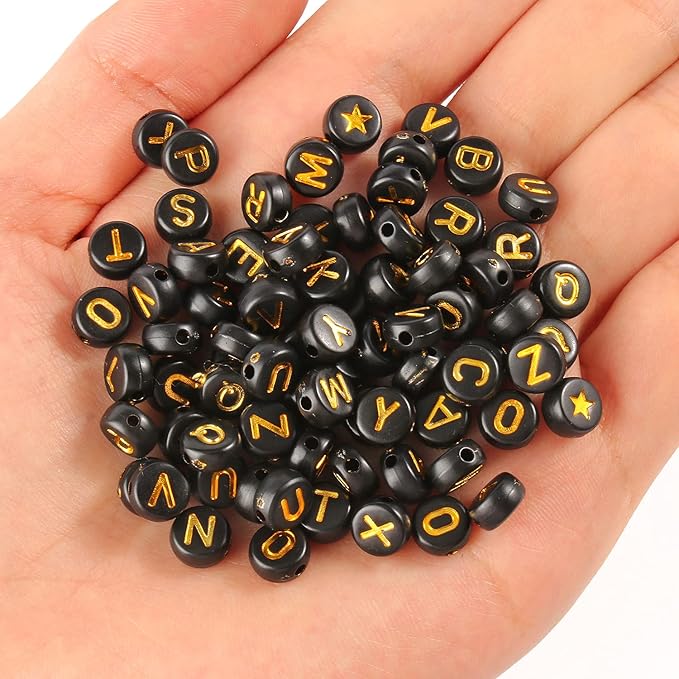 Song Xi 1400pcs Round Acrylic A-Z Alphabet Beads - Gold & Black Letter Beads for Bracelet Making, 28 Grid Box