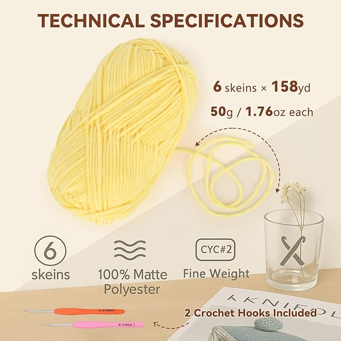 Skinny Chenille Yarn for Crocheting - 6 Pack of 50g/158yd (948yd Total) - Soft Matte Thin Chenille CYC #2 - Fine Weight Baby Yarn for Plush Toys, Baby Blankets & Small Crafts(Black)