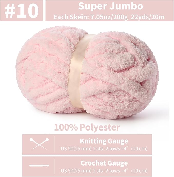 10 Pack Jumbo Chenille Yarn for Crocheting, #10 Super Bulky Baby Soft Yarn for Hand Knitting, 220 yds /70.5 oz Fluffy Chunky Knit Throw Blanket Yarn (Pink)