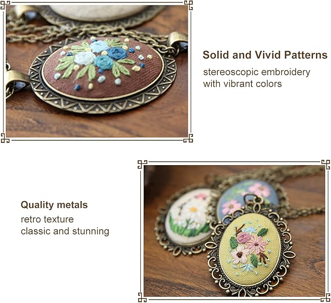 ZOCONE 4 Packs Embroidery Necklace Kits, Embroidery Pendant Kit Mini Cross Stitch Kit with 4 Hoops, Necklace, Pendant, Stamped Pattern Cloth, Instructions, etc., Embroidery Kits for Adults