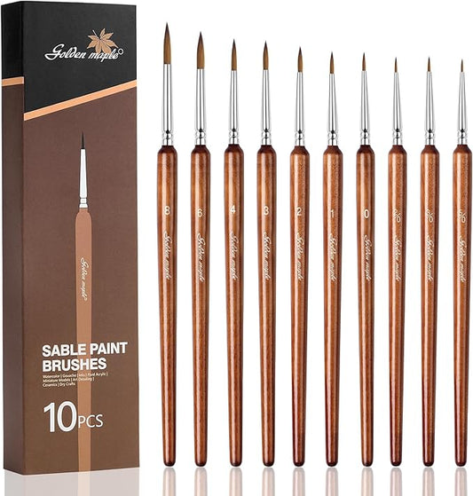 Golden Maple Artist Paint Brushes, 10PC Synthetic Sable Brush Set Miniature Fine Detail Paint Brush, Round Point Paint Brush Set for Miniatures, Acrylic & Figures, Model, Watercolor Details