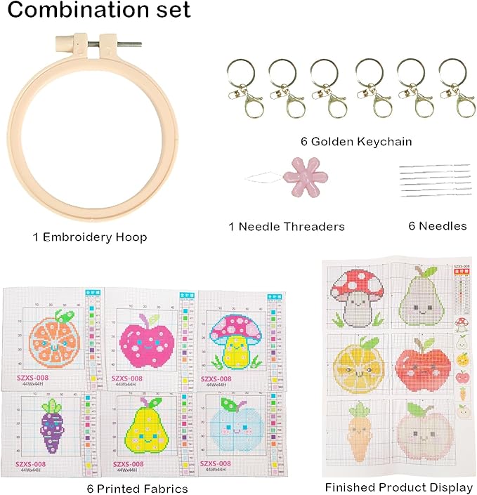 57lilina Cross Stitch Kits for Kids - 6 Set Easy Beginners Embroidery Kit for Kids, DIY Cute Pre Printed Stamped Crossstitch Needlepoint Patterns Craft for Backpack Charms, Keychains & Girls Gifts