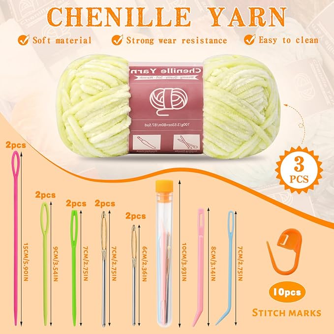 LUNARM Chenille Yarn for Crocheting Knitting, 3 Skein 263 Yard Thick Soft Chunky Fluffy Weaving Plush Yarn for Blankets Clothes Pattern Creations with Big Eye Needles (Light Yellow)