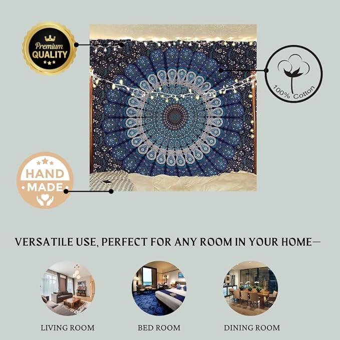 bless international handmade indian hippie bohemian psychedelic peacock mandala wall hanging college dorm beach throws table cloth bedding tapestry (blue red, queen(84x90inches)(215x230cms))