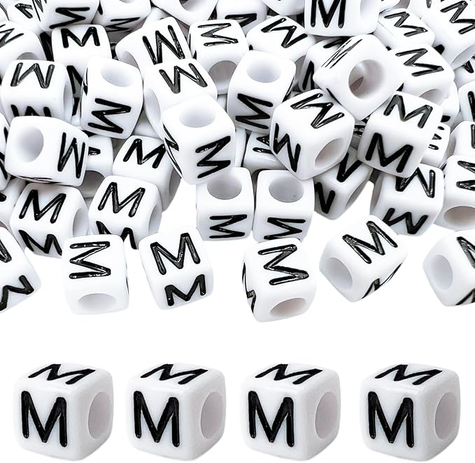 MIIIM 100pcs Pony Beads Letter M for Keychains Making, 6x6mm Large Hole Square Letter Beads for Bracelets Making, Alphabets, Numbers (White and Black)