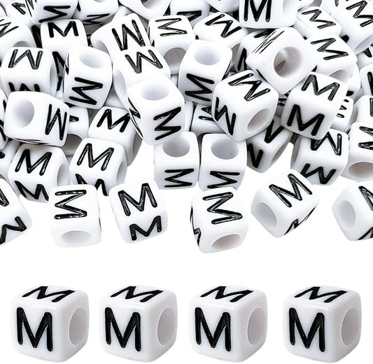 MIIIM 100pcs Pony Beads Letter M for Keychains Making, 6x6mm Large Hole Square Letter Beads for Bracelets Making, Alphabets, Numbers (White and Black)