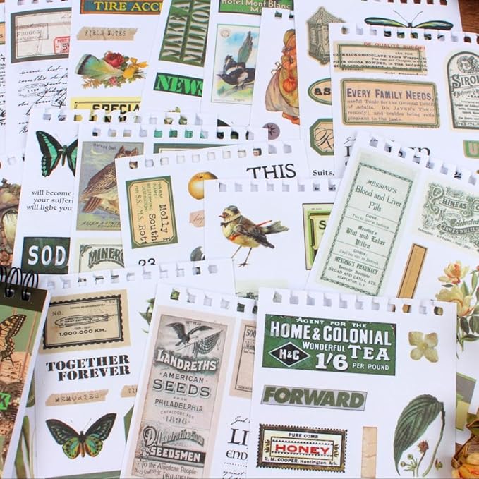 488PCS Vintage Scrapbook Stickers, 50 Sheets Precut Washi Stickers Book for Journaling, Green Ephemera for Junk Journal Supplies, Scrapbooking, Bujo, Collage, Adults Crafts Arts