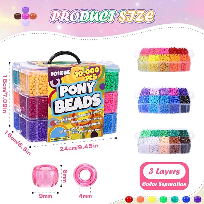JOICEE 10000Pcs Pony Beads Bulk, 30 Assorted Colors Kandi Beads Rainbow Pony Beads for Making Friendship Bracelet Necklaces Jewelry Hair Braiding DIY Craft Gifts