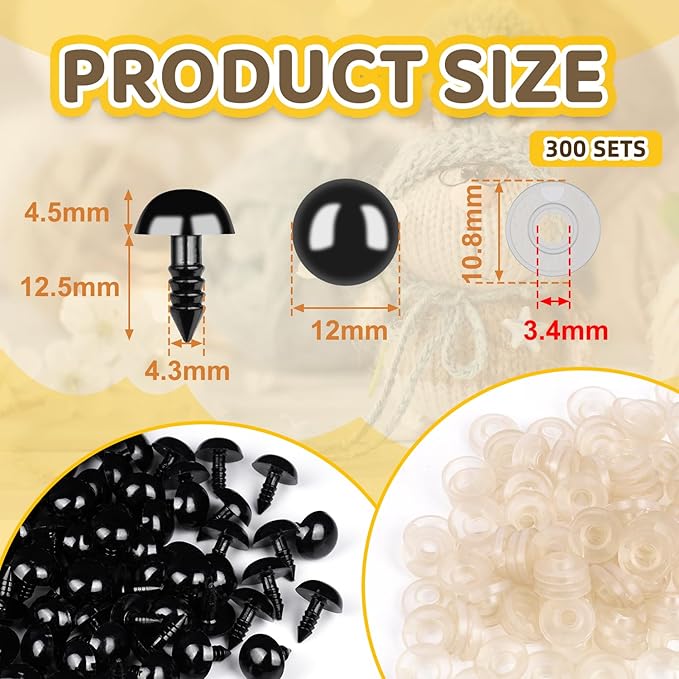 400Pcs Safety Eyes for Crochet Eyes Amigurumi，12mm Safety Eyes for Stuffed Animals, 200pcs Washers whth 200pcs Plastic Craft Eyes for Crocheting Doll Eyes Making