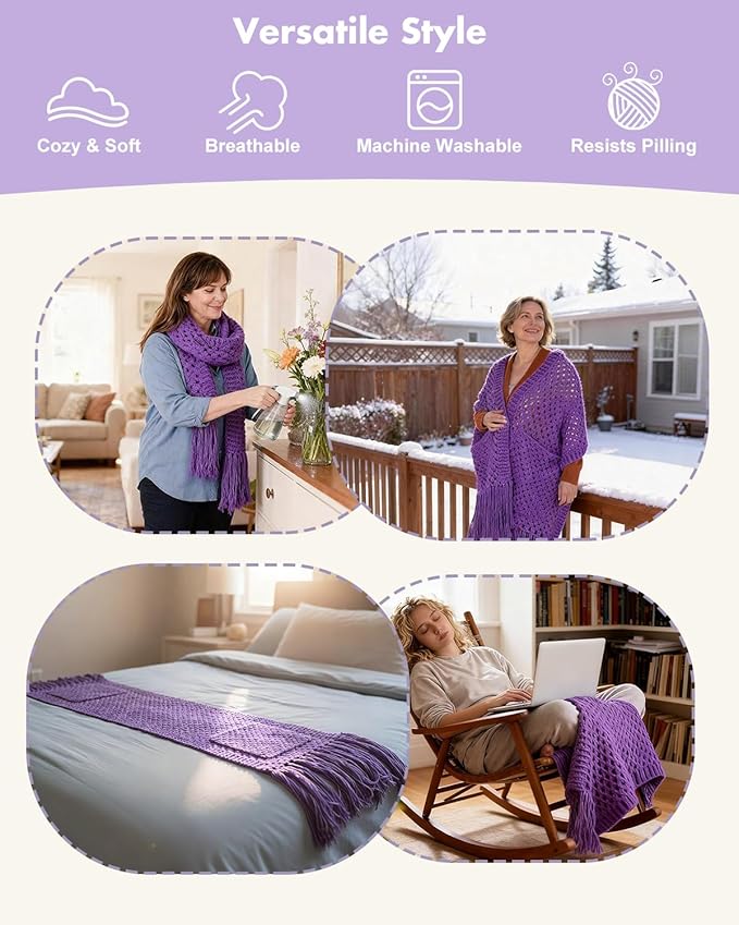Arborthread Crochet Kit for Beginners, Easy Pocket Shawl & Scarf Crochet Kit for Adults w/Ample Premium Yarn to Fit Different Sizes, Step-by-Step Video & Instructions, Pureple