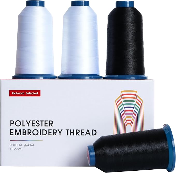 Poolin Black and White Embroidery Thread Set – Richword Selected 4 Rolls, 40WT Polyester 4000M for Home & Commercial Embroidery Machines-2 Black, 2 White