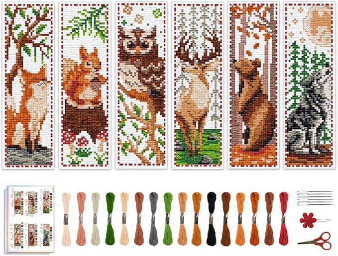 ACRNIGHEET 6 PCS Cross Stitch Bookmark Kit Animals Patterns DIY Stamped Embroidery Bookmark Kit DIY Bookmarks Crossstitch Kits Adul Stamped Embroidery Bookmarks with Instructions 11CT