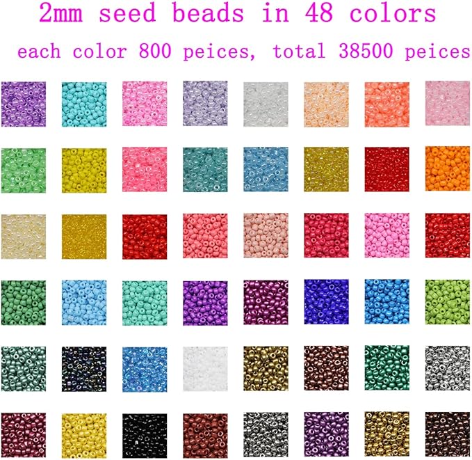 38500 Pcs 2mm Glass Seed Beads Jewelry Making Kit - 260 Alphabet Letter Beads, 48 Colors | Complete DIY Set with Elastic String, Charms & Jump Rings for Bracelets, Crafts & Handmade Art