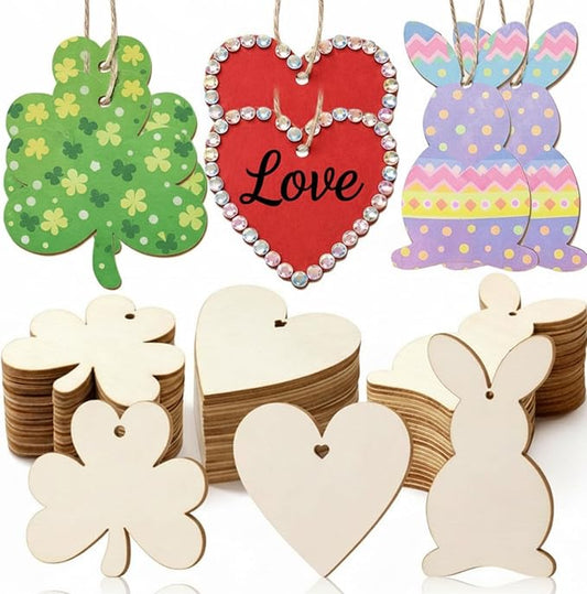 Novabright 60 Pcs St. Patrick's Day Wood Shapes for Crafts Blank Shamrock Bunny Heart Ornament to Paint Wooden Art Craft Supplies Painting Kit for Teen Party, Holiday Garland Hanging Decorations