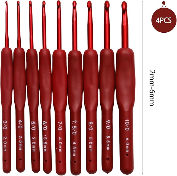 WINDAWNKE 9 PCS Red Crochet Hook Set, Ergonomic Soft Grip Crochet Hook, Crochet Needle Kit with Knitting & Crochet Supplies