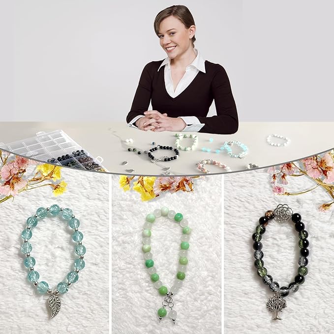 8mm Glass Bead Bracelet Making Kit for Adults & Teens – 414pcs Real Crackle Glass Beads with Charms, Neutral Color Jewelry Set