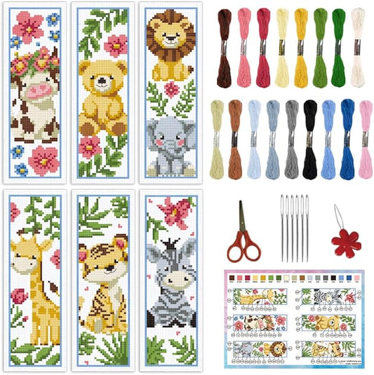 INFUNLY 6PCS DIY Cartoon Animal Cross Stitch Bookmark Kits 8.66"×3.15" Cute Bear Cow Stamped Embroidery Kits with Instructions Plant Flowers Needlepoint Bookmark Kits for Book Lovers Readers Writers