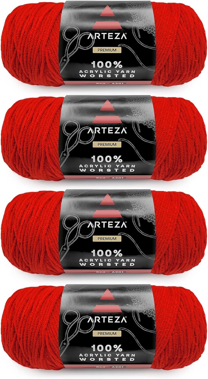 ARTEZA Acrylic Yarn for Crocheting, 4 x 200-g Skeins of Worsted Yarn for Knitting, Red A201, Knitting & Crochet Supplies