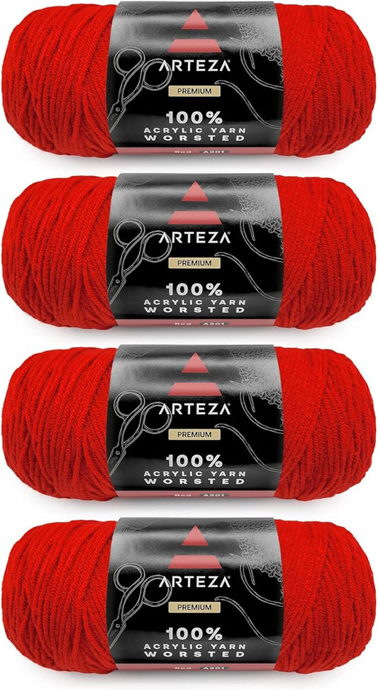 ARTEZA Acrylic Yarn for Crocheting, 4 x 200-g Skeins of Worsted Yarn for Knitting, Red A201, Knitting & Crochet Supplies