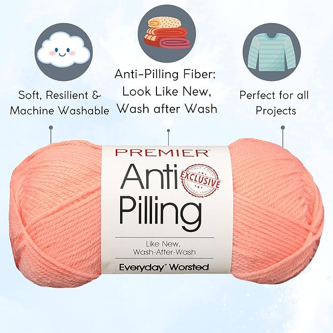 Premier Yarns Everyday Anti-Pilling Solid Soft Peach DN100-55 (3-Skeins - Same Dye Lot) #4 Worsted Weight Acrylic Yarn for Crocheting and Knitting with Knitting Project Bag