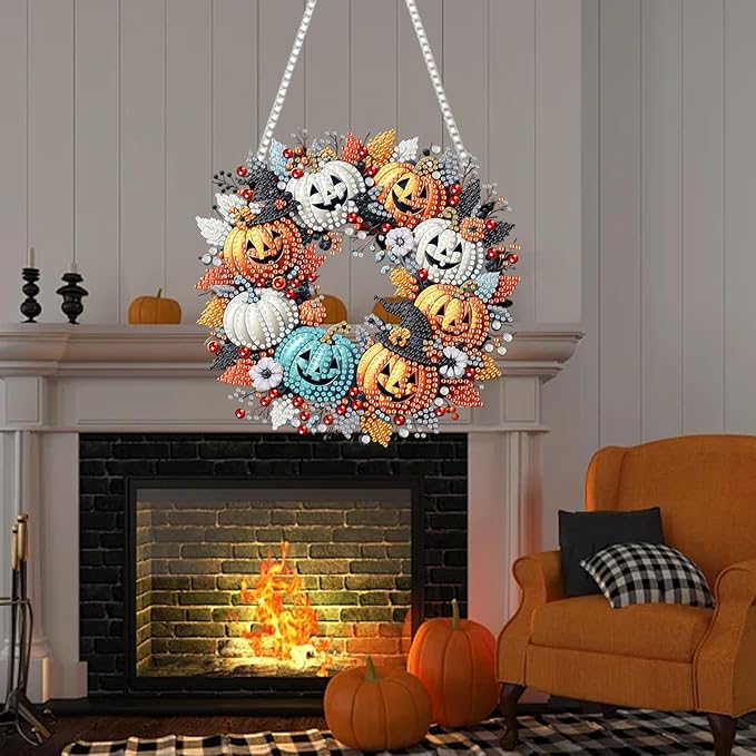 RYMILIE Diamond Art Hanging Kit for Adult,Special Shaped Rhinestone,Double Sided 5D DIY Acrylic Diamond Art Painting Window Pendants Home Garden Wall Hanging Kits Hanging Ornament (Halloween Pumpkin)