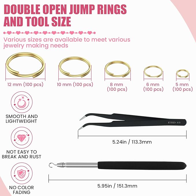 500 Pcs Double Open Jump Rings Kit, Zinc Alloy Mini Round Split Craft Jump Keychains Key Ring with Double Loops Connectors for Jewelry Making, Bracelets, Necklace, DIY (5, 6, 8, 10, 12mm)