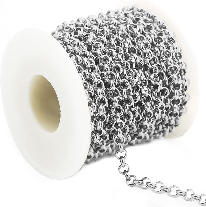 UniCrena 6mm Silver Rolo Chain Jewelry Making Supplies - 9.8ft 3m Link Chain Bulk for DIY Bracelet Hat Chains Decoration