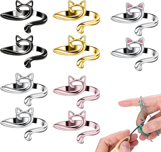 10Pcs Crochet Rings for Tension Control - Adjustable Yarn Guide Ring with Cat Ear Design - 5 Colors Metal Finger Ring for Faster Crocheting (Perfect Gifts for Crafters/Mothers/Grandmas)