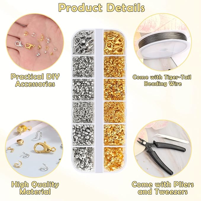 Acejoz 1200 Pcs Crimp Beads Supplies for Jewelry Making, Including Crimp Covers, Crimp Tubes and Wire Guardians, Lobster Clasps, Jump Rings, Crimping Pliers and Beading Wire for Bracelets Making