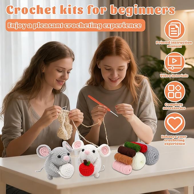 Kogyxe Beginners Crochet Kit, Amigurumi Crocheting Animals Kits w Step-by-Step Video Tutorials, Crochet Starter Kit Knitting Starter Pack for Adults Beginners, 2 Hamster Family (40%+ Yarn Content)