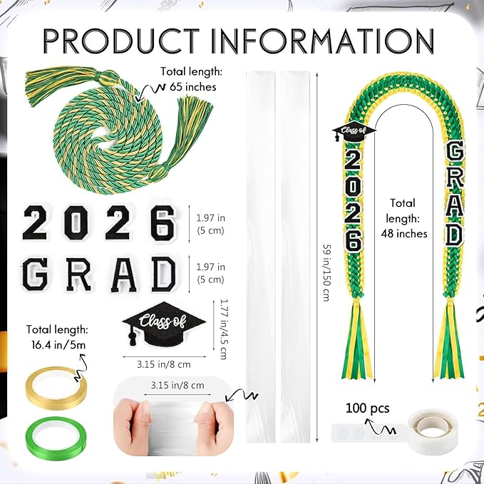 YLOLUL 16 Pcs Graduation Leis 2026 Graduation Candy Lei Kit with Honor Cord Class of 2026 Graduation Ribbon Money Lays Necklace Graduation Gift Party Accessories for Women Men