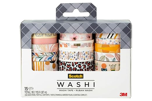 Scotch Washi Tape, Whimsical Design, 15 Rolls, Great for Bullet Journaling, Scrapbooking and DIY Décor (C1017-15-P5)