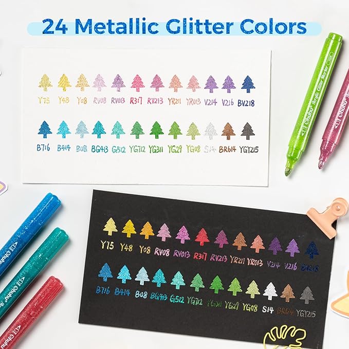 Ohuhu Acrylic Glitter Markers, 24 Metallic Glitter Colors, Fine Tip Paint Pens for Fine Details & Shimmer Accents, Water-Based & Quick Dry, for DIY Crafts, Cards, Journals, Wood & Rock, Medium Tip 3mm