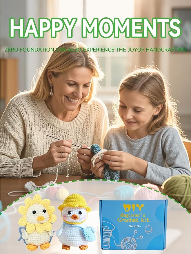 SwiftGo Crochet Kit for Beginners, 2Pcs Duck Crochet Animal Kits with Step-by-Step Video Tutorials, Beginner Amigurumi Crochet Starter Kit for Adults Kids, Holiday Birthday Gift