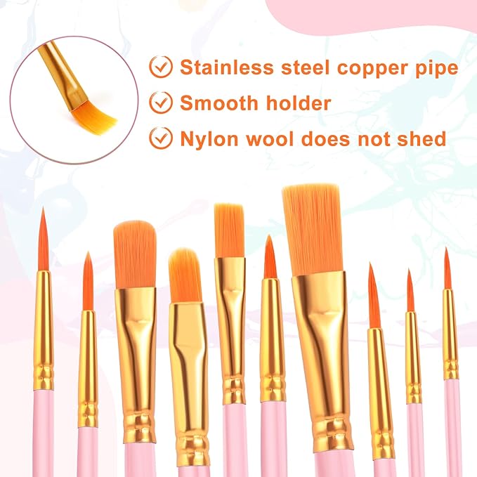 ESRICH Paint Brush Set,6 Packs 60 Pcs Nylon Hair Paint Brushes for Acrylic Painting,Artist Paintbrushes for Acrylic,Oil,Watercolor Painting,Face Nail Art,Paint Brushes for Kids, Pink