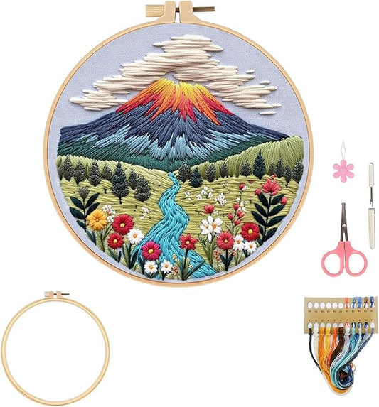 Embroidery Kit for Adults, Pre-Stamped Pattern Embroidery Kit for Beginners, DIY Hand Needlepoint Starter Kit with Hoop Thread Needle Instruction, 6.3'' Hoop (Nature Landscape 1 Pack)