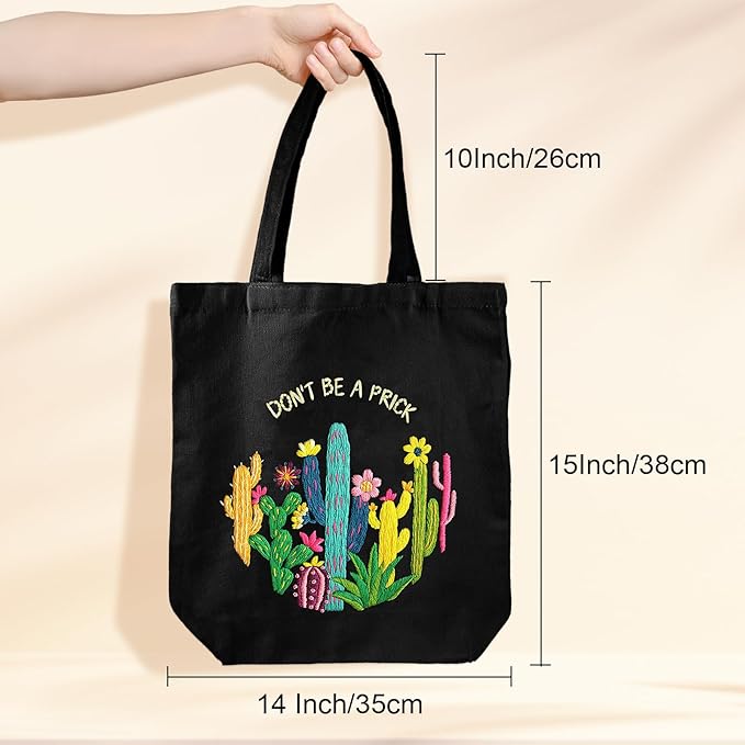 Louise Maelys Cactus Embroidery Kit Canvas Tote Bag for Beginners,Cross Stitch Kits for Adults,DIY Funny Plant Flowers Pattern,Women Shopping Reusable Grocery Bags